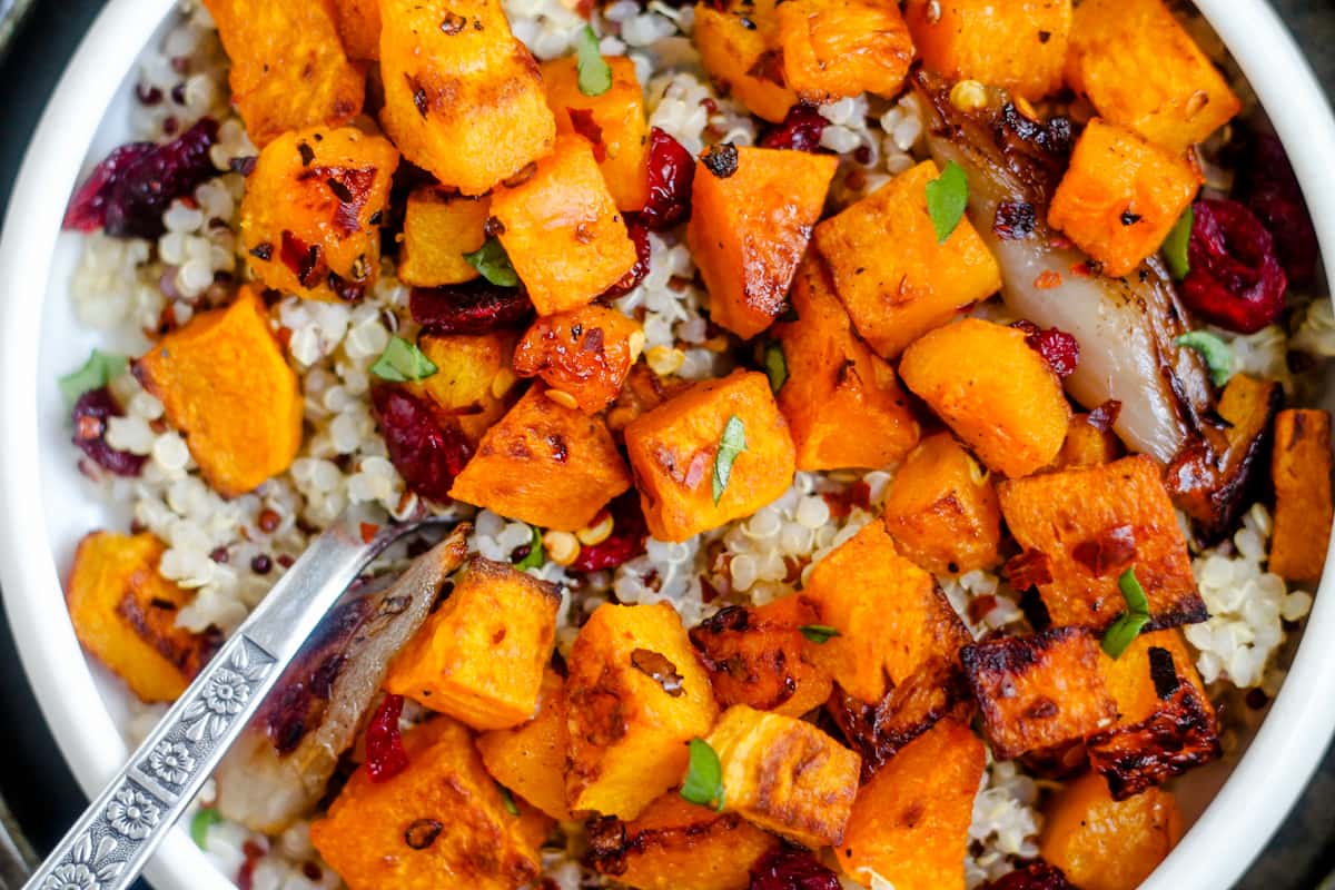 A bowl of spicy roasted butternut squash.