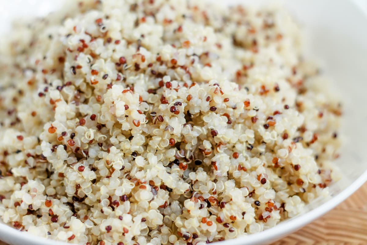 A bowl of cooked quinoa.