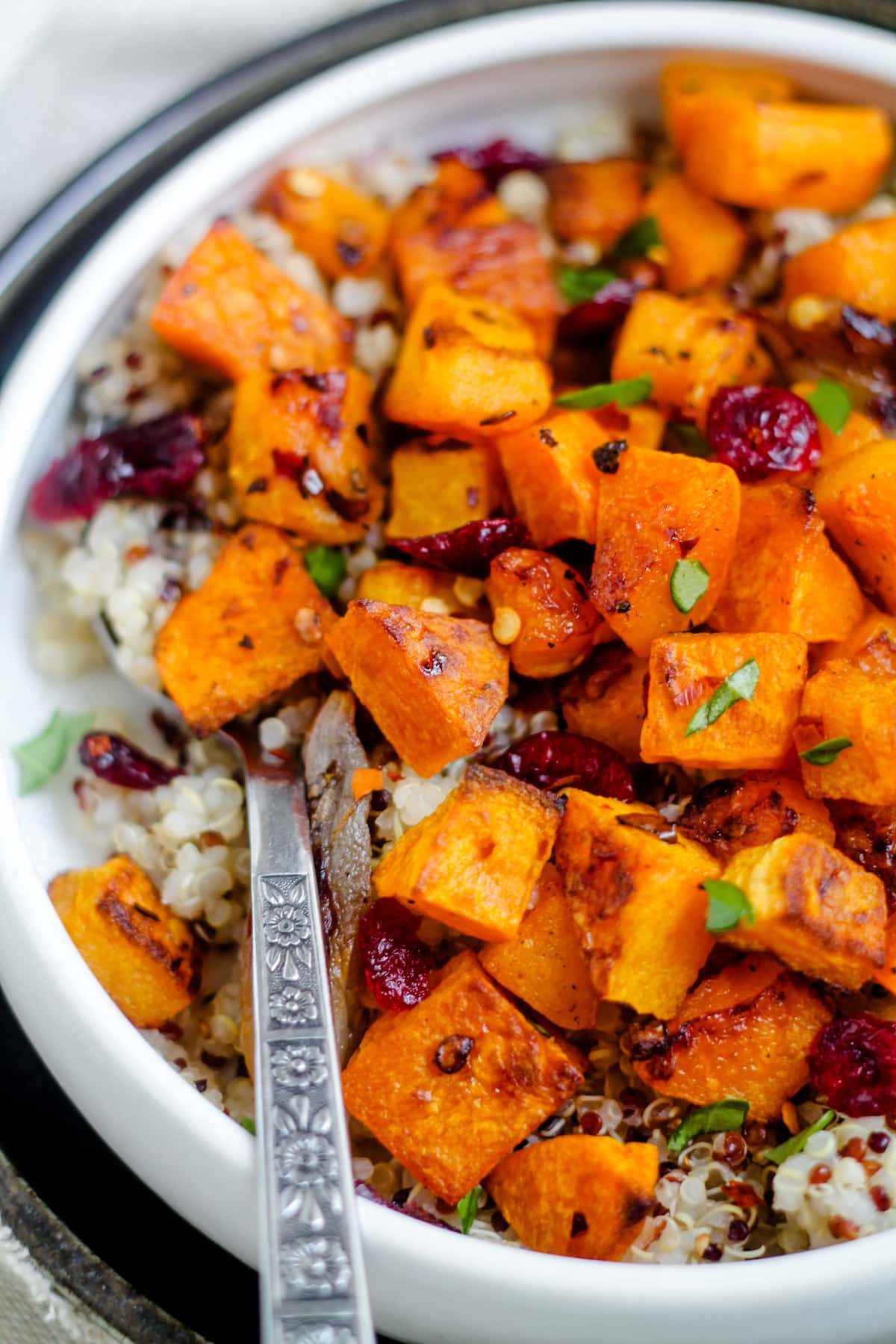 A bowl of spicy roasted butternut squash.