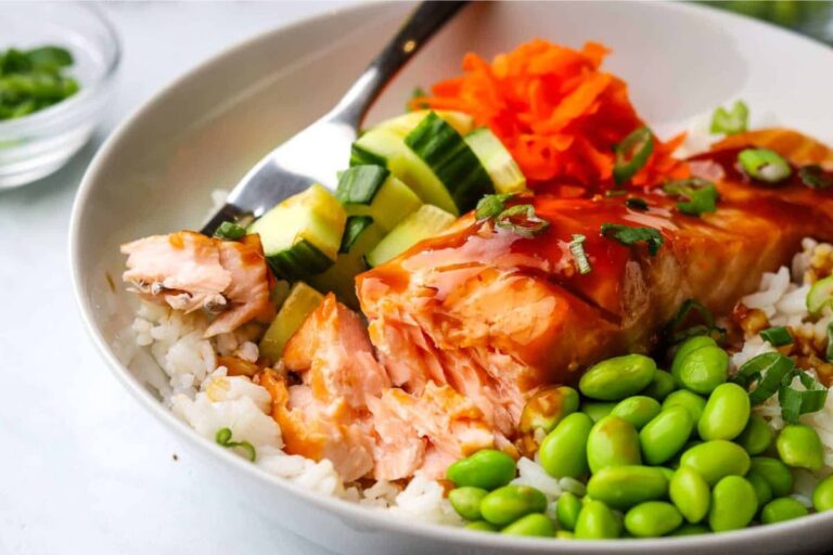 A dish of Teriyaki Salmon Bowls.