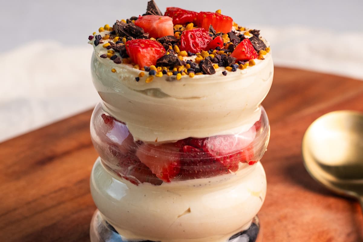 A dish of Whipped Honey Cottage Cheese Parfait.
