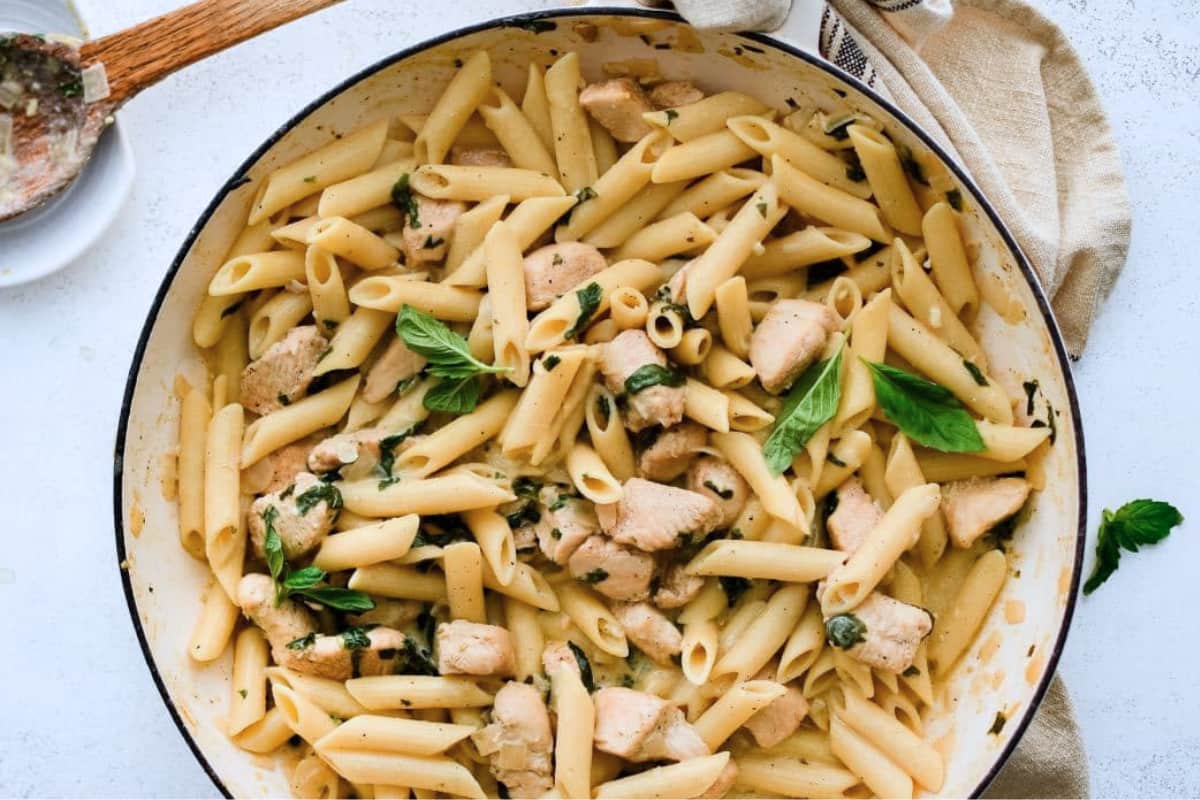 A dish of Boursin Cheese Chicken Pasta.