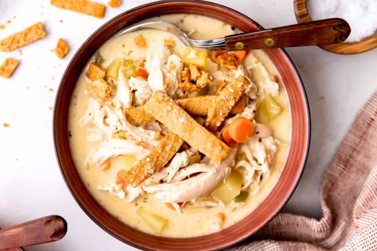A bowl of Chicken Pot Pie Soup.