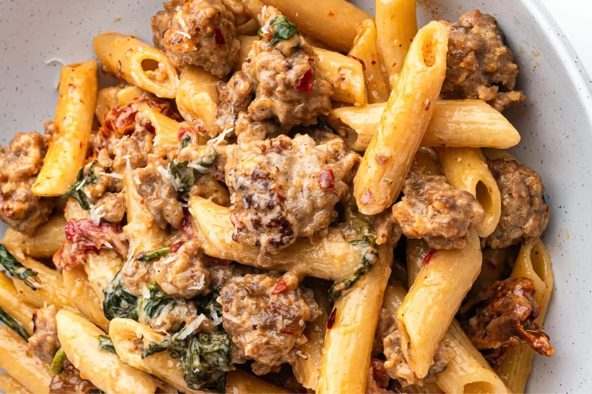 A bowl of Creamy Sausage pasta.