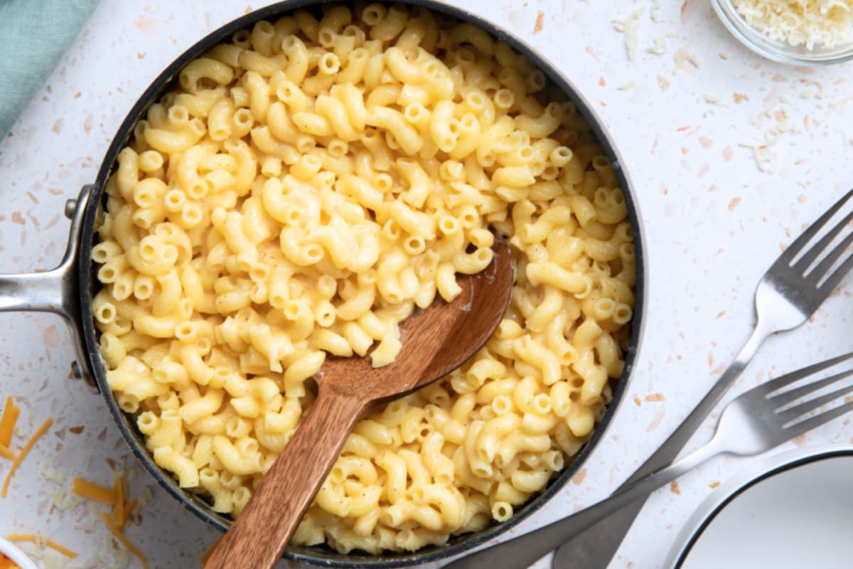 A pot of Cottage Cheese Mac and Cheese.