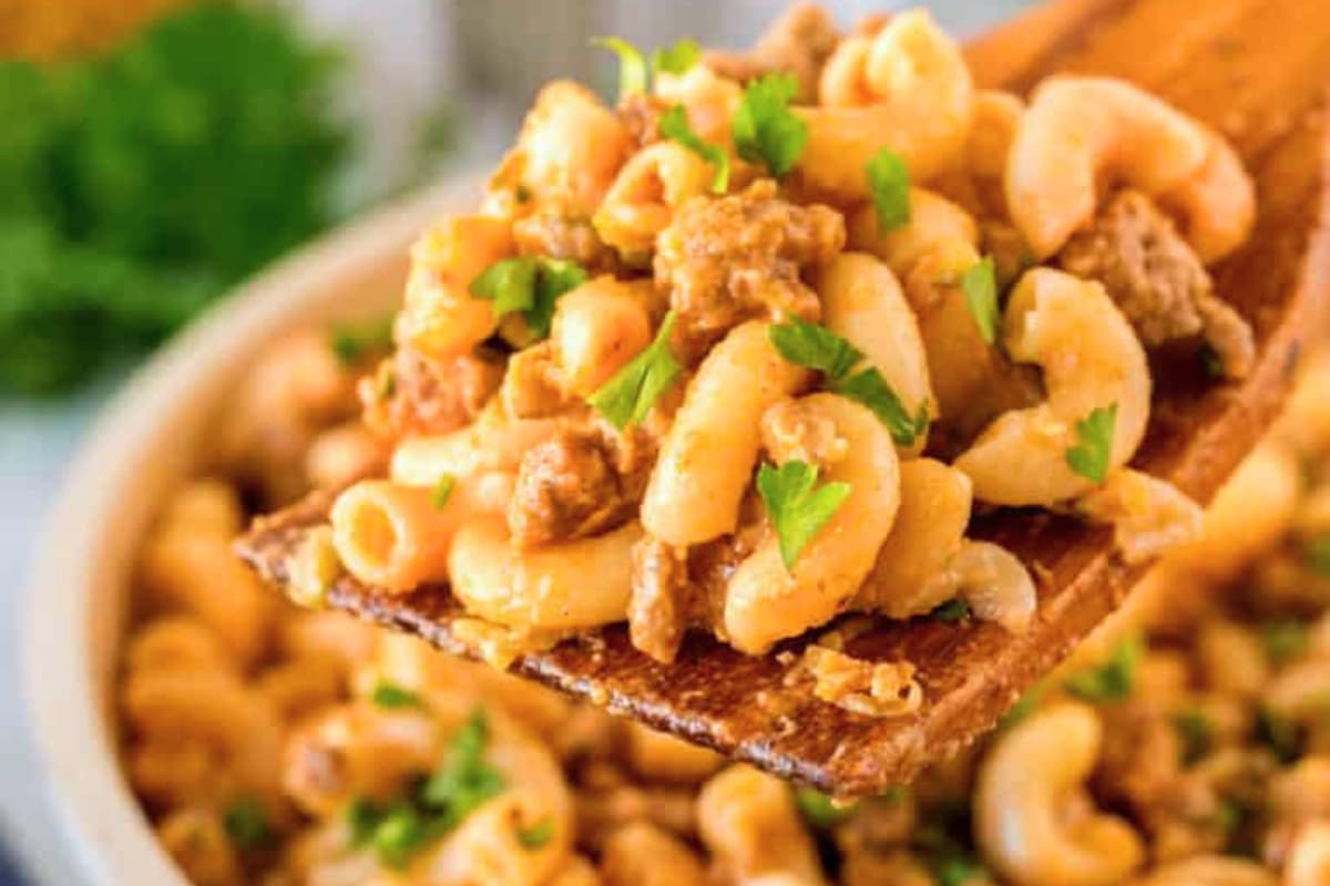 A dish of Homemade Hamburger Helper.