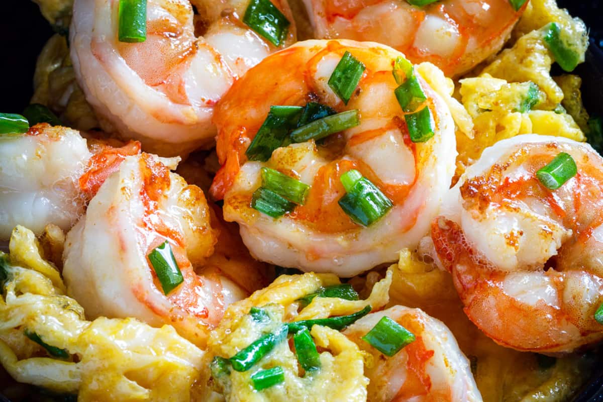 A plate of Shrimp and Egg Stir Fry.