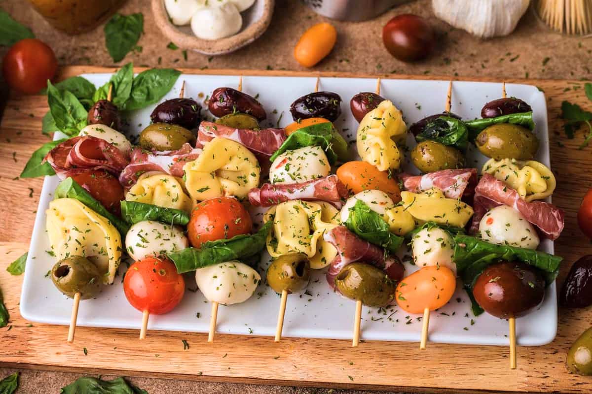 A plate of Antipasto Skewers.