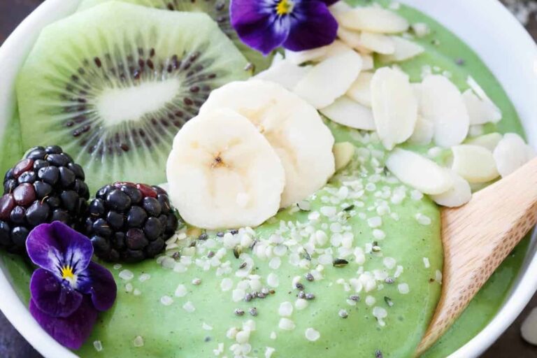 A dish of Avocado Pineapple Smoothie Bowl.