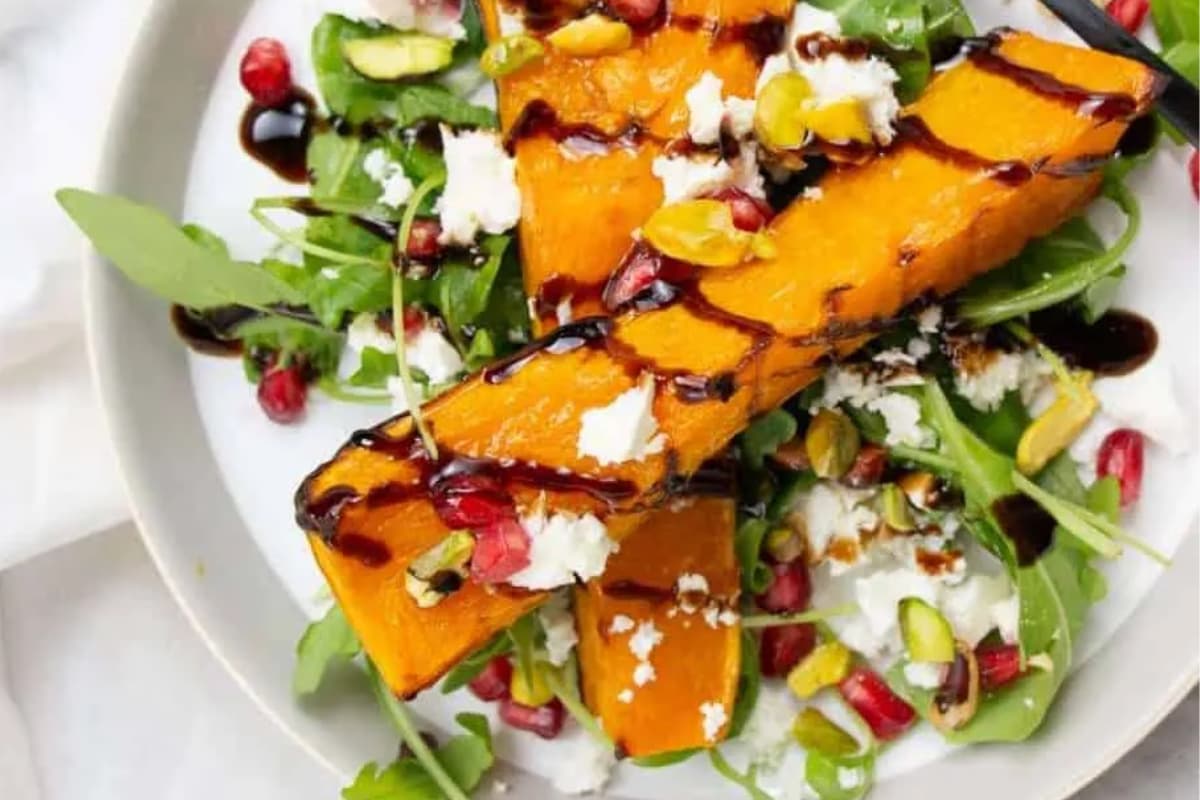 A plate of Butternut Squash Salad with Feta.