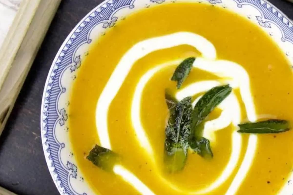 A bowl of Simple Butternut Squash Soup with Sage.