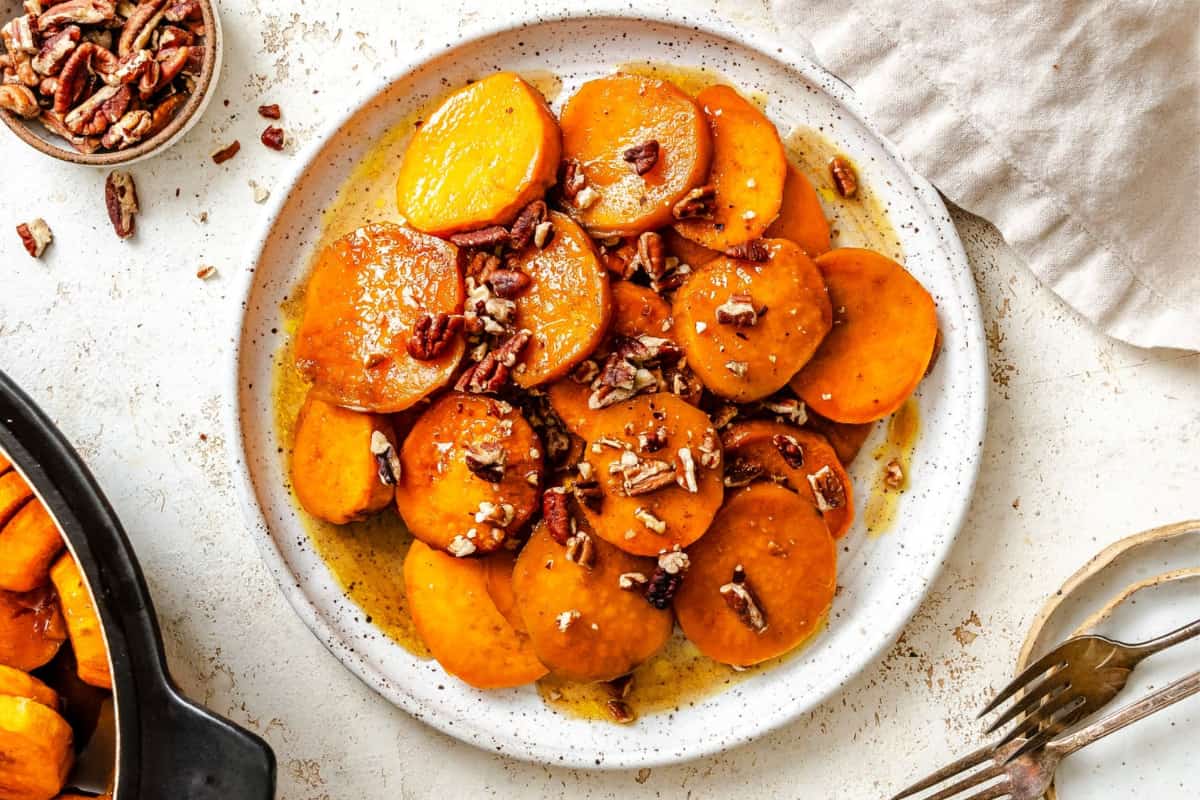 A plate of Candied Sweet Potatoes.