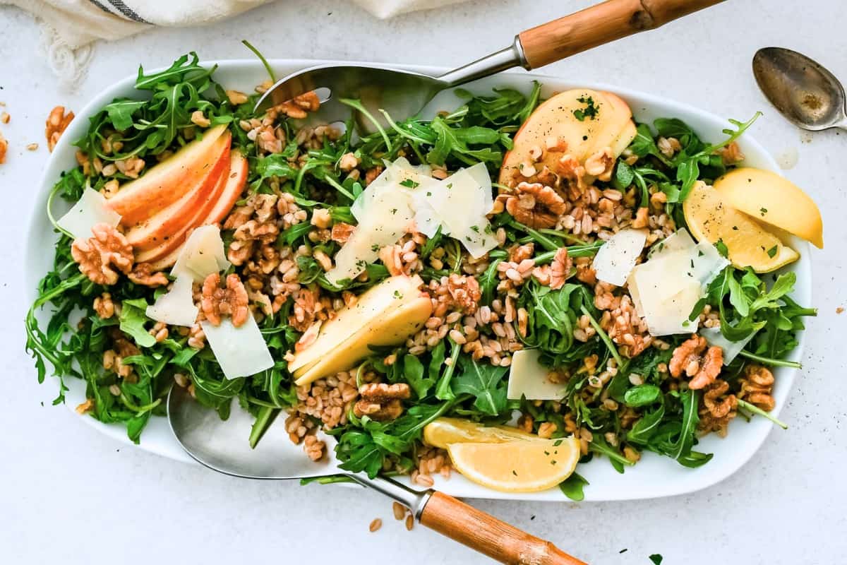A plate of Farro and Apple Arugula Salad.