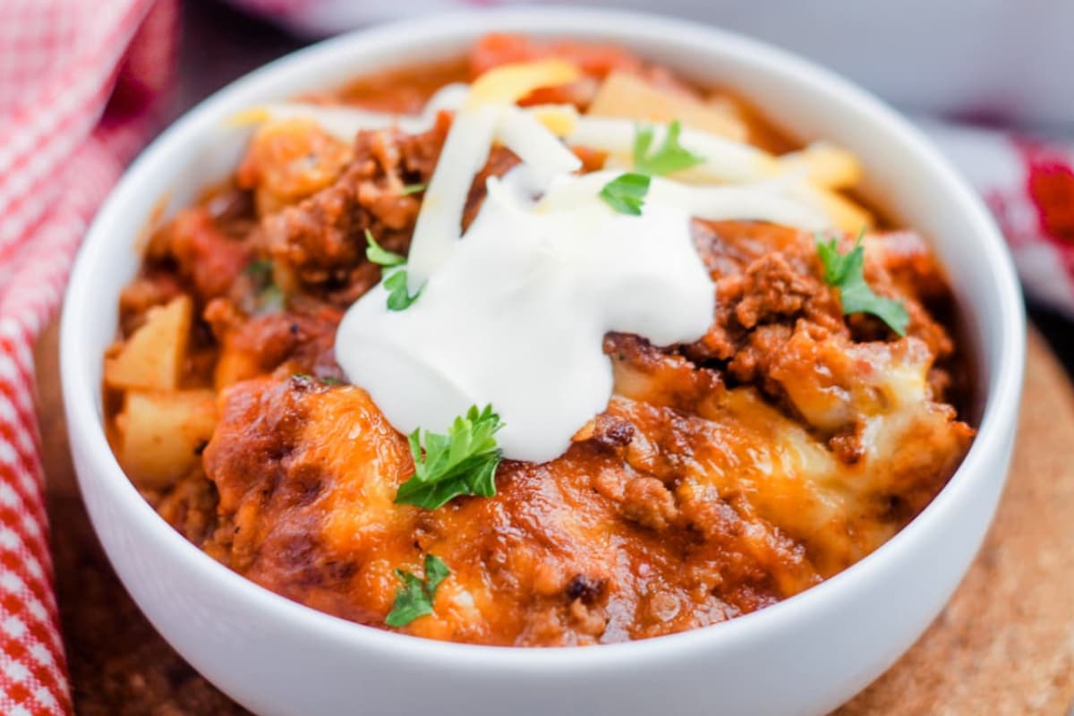 A bowl of Taco Potato Casserole with Ground Beef.
