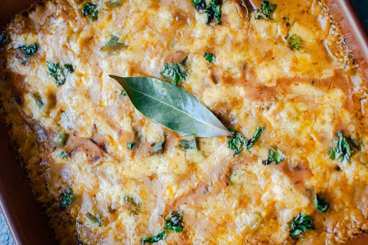 A dish of Cheesy Butternut Squash Casserole.