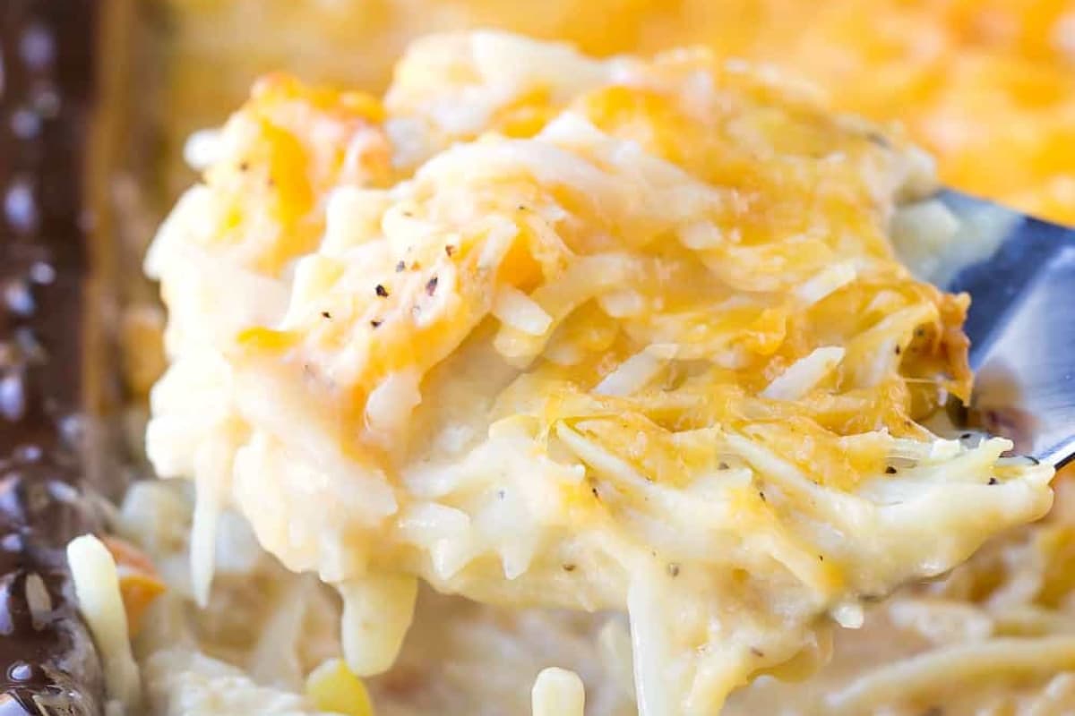A dish of Cheesy Hash Brown Chicken Bake.