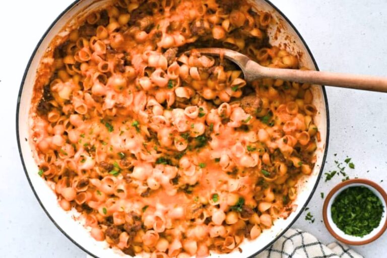 A dish of Cheesy Sloppy Joe Casserole.