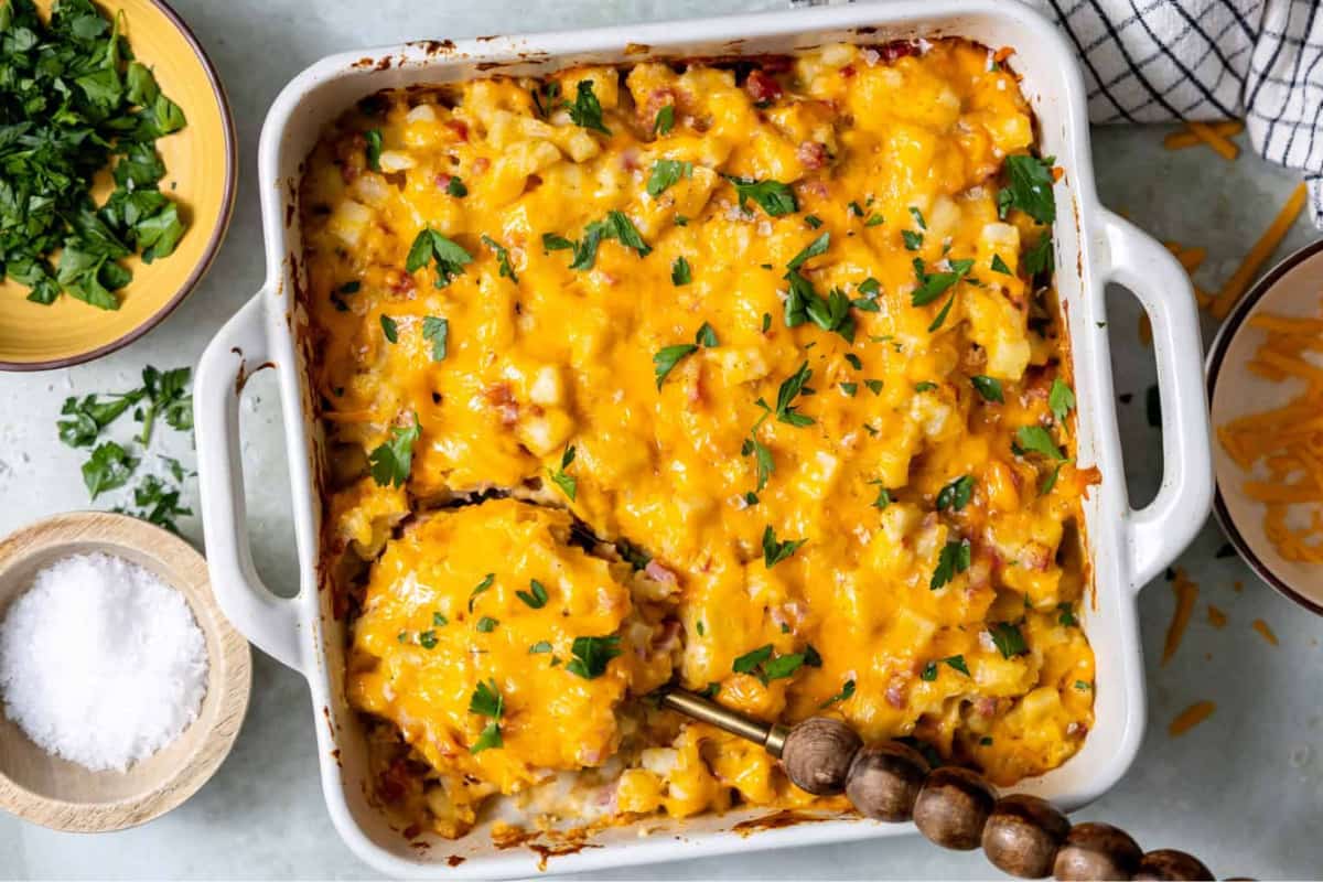 A dish of Cheesy Ham and Potato Casserole.