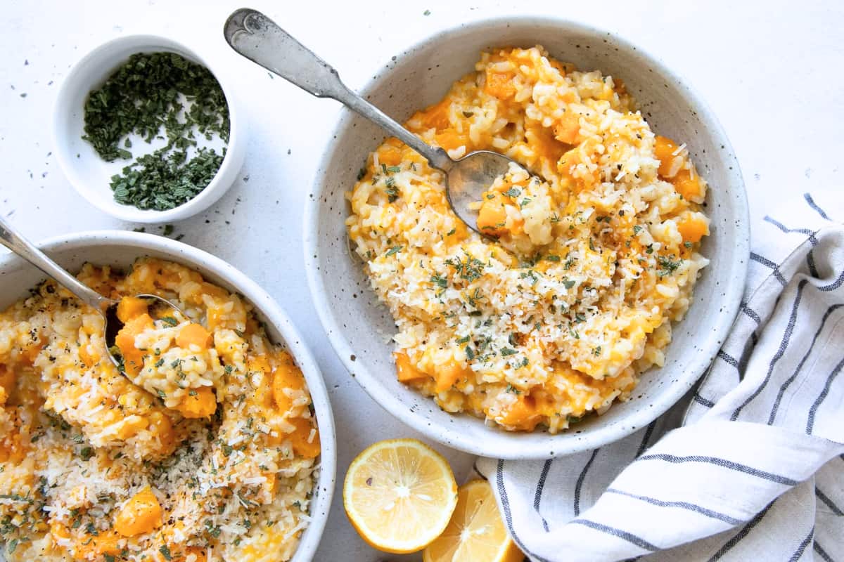 A bowl of Easy Instant Pot Risotto with Butternut Squash.