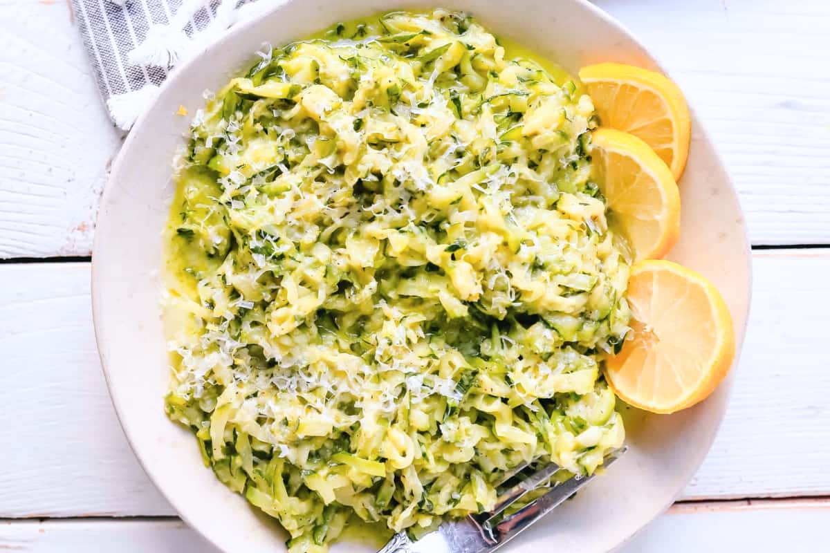 A plate of Shredded Sautéed Zucchini with Parmesan.