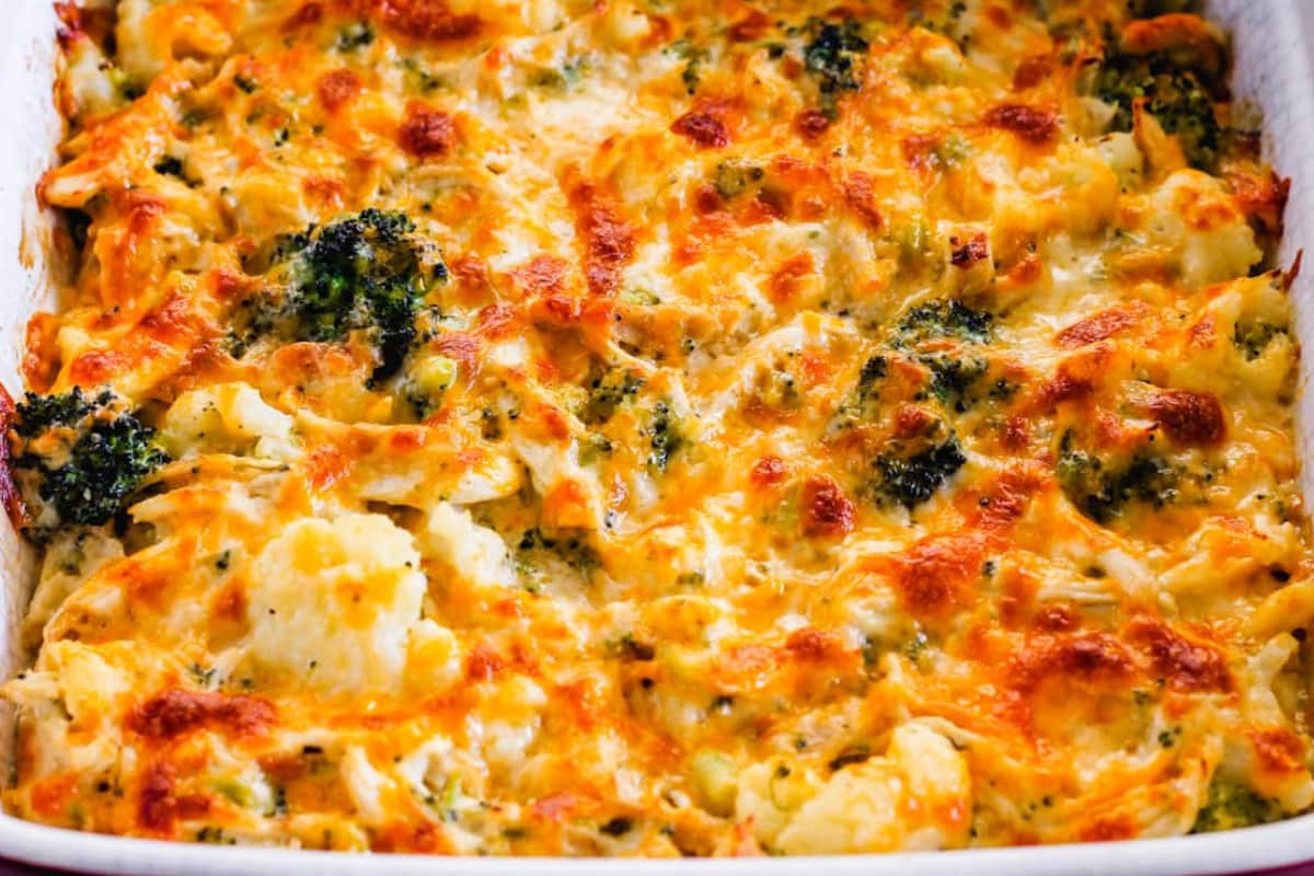 A dish of Cauliflower Broccoli Chicken Casserole.