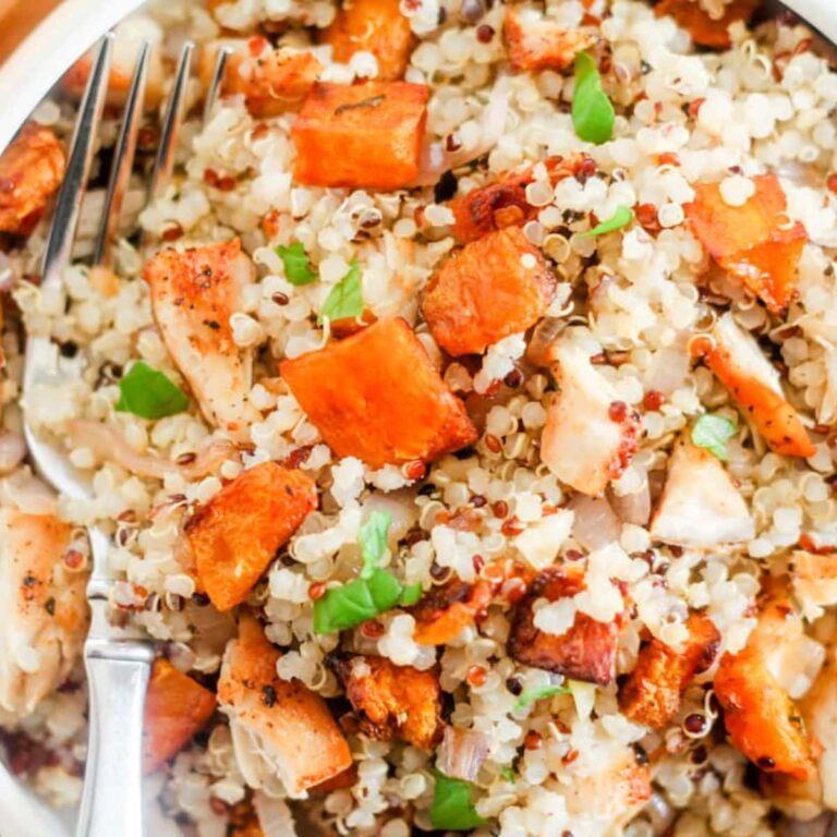 Overhead image of a chicken butternut squash bowl.