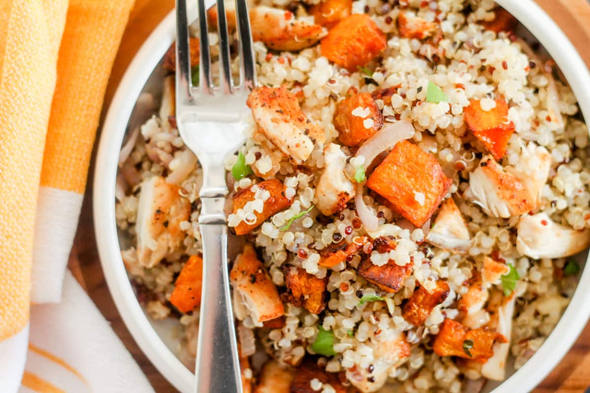 Overhead image of a chicken butternut squash bowl.