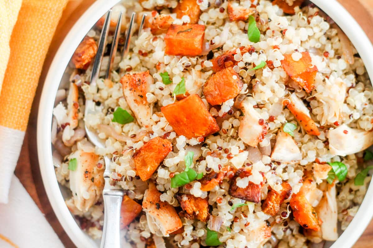 Overhead image of a chicken butternut squash bowl.