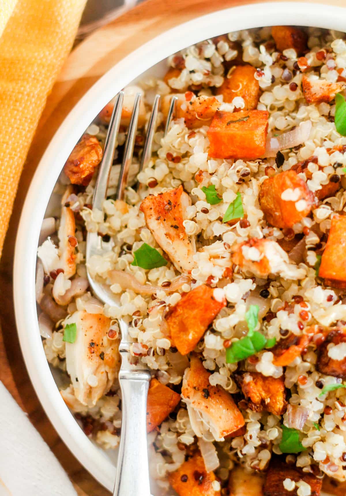 Overhead image of a chicken butternut squash bowl.