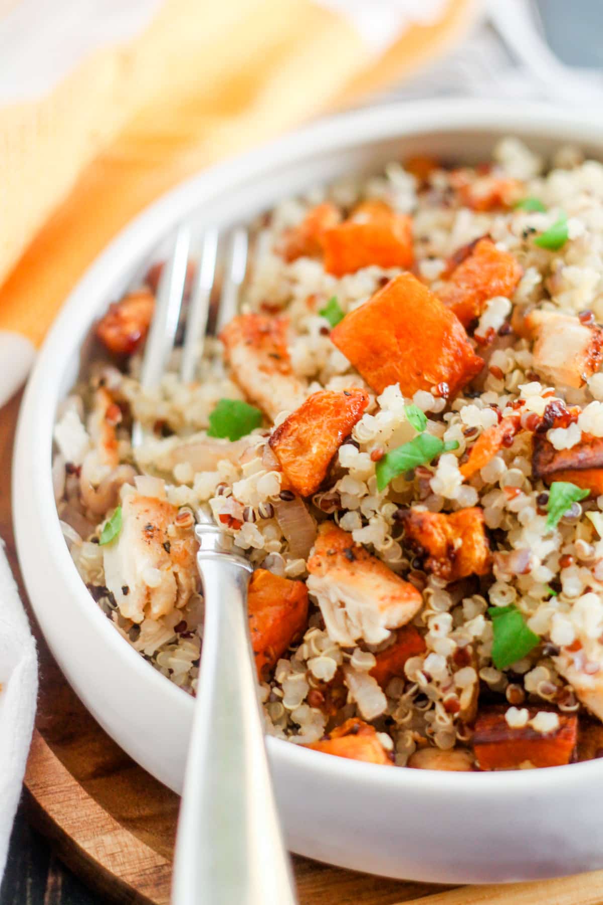 Overhead image of a chicken butternut squash bowl.