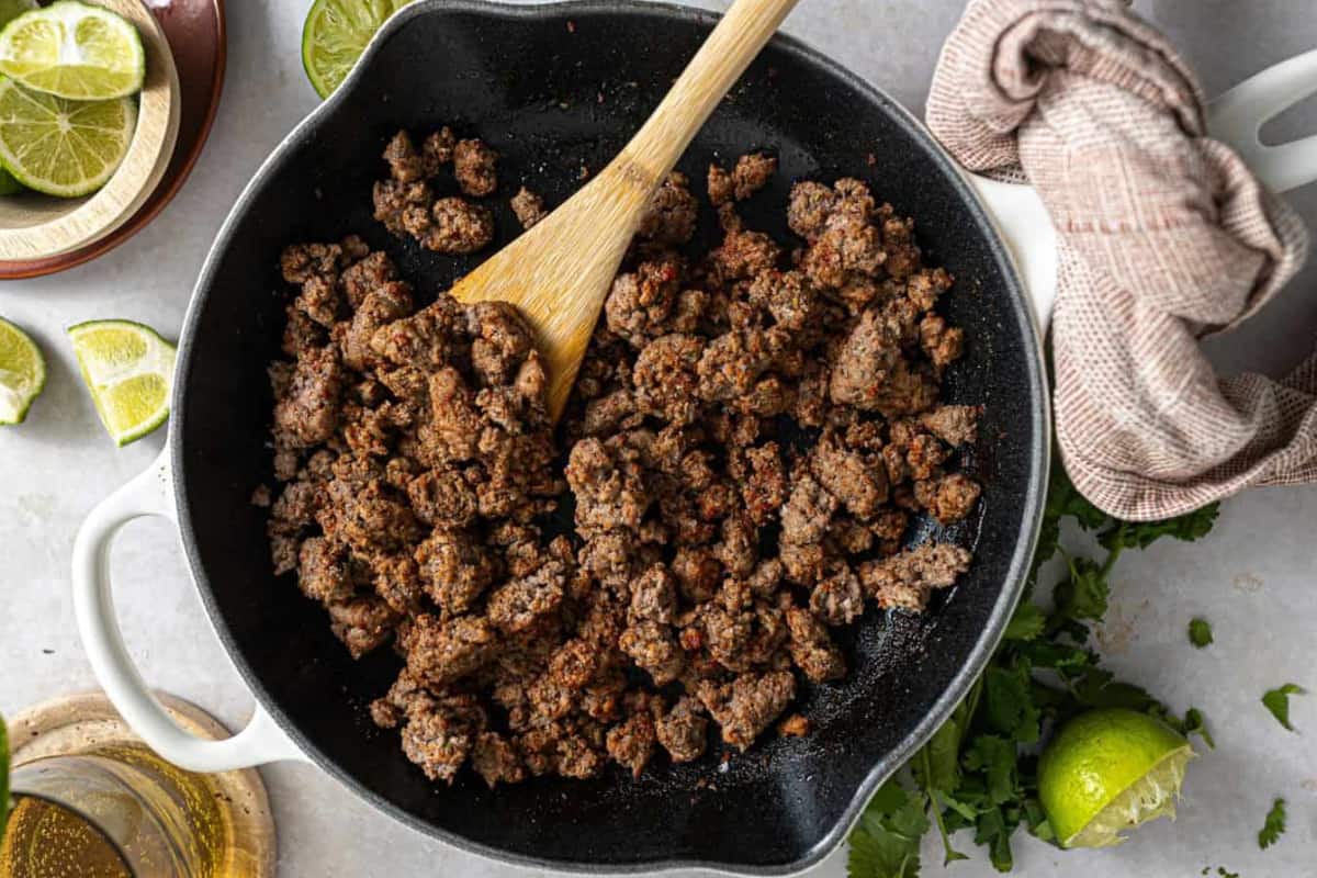 A skillet of Chipotle Ground Beef.