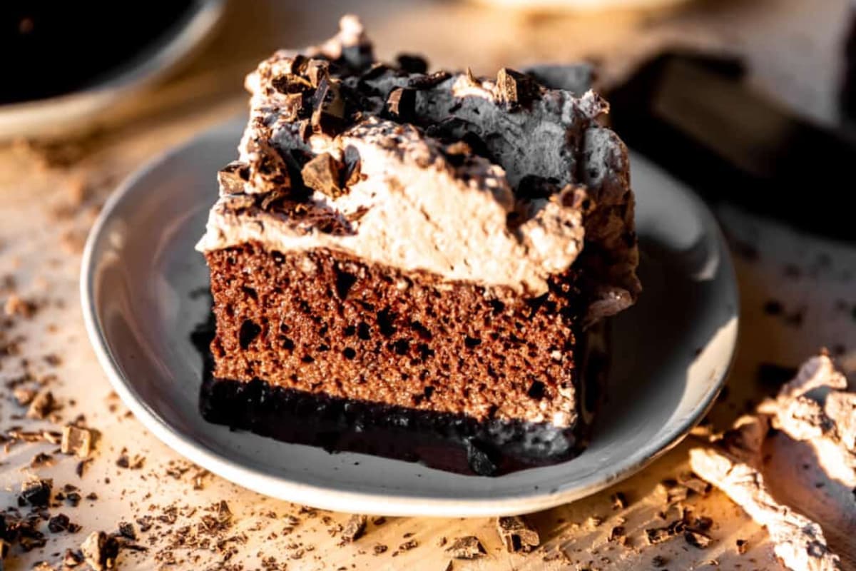 A plate of Chocolate Tres Leches Cake.