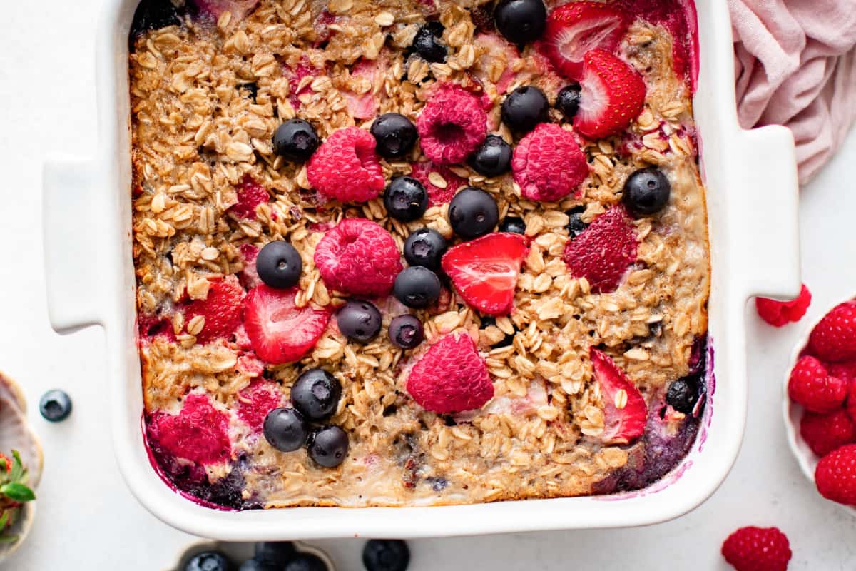A dish of Baked Oatmeal with Berries.