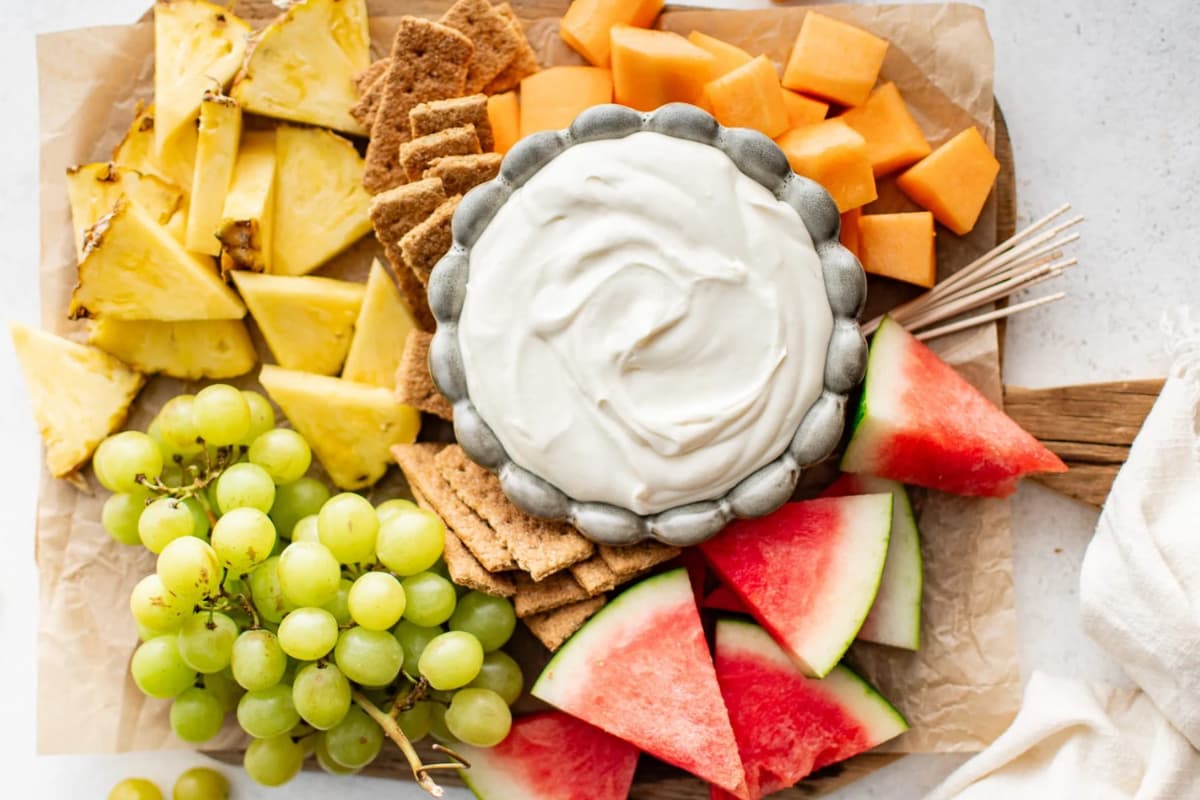 A platter with Easy Fruit Dip.