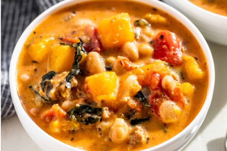 A bowl of Creamy Italian Sausage Butternut Squash Soup.