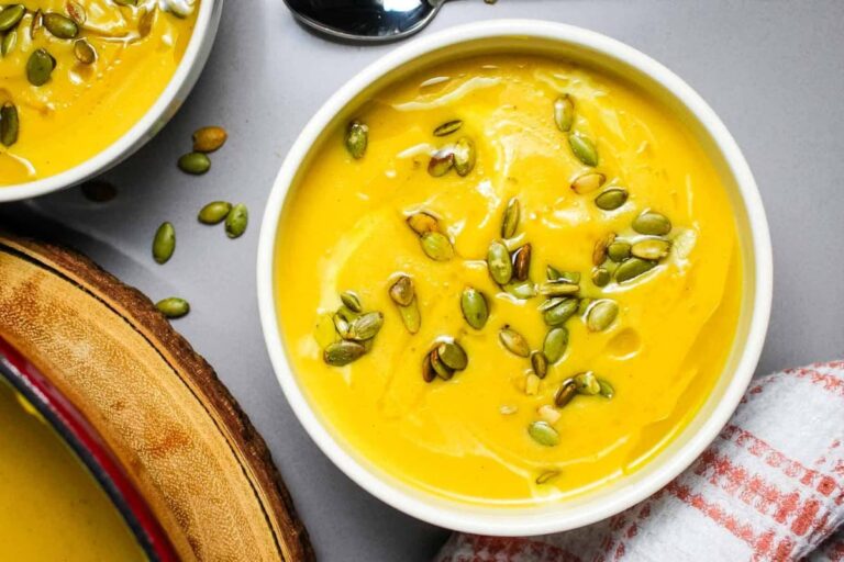 A bowl of Pumpkin Pear Soup.