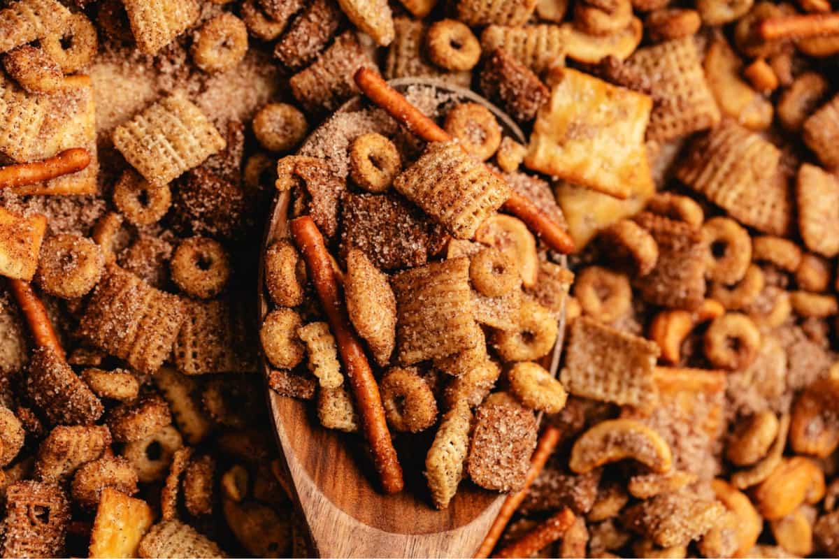 A tray of Cinnamon Sugar Sweet and Salty Chex Mix.