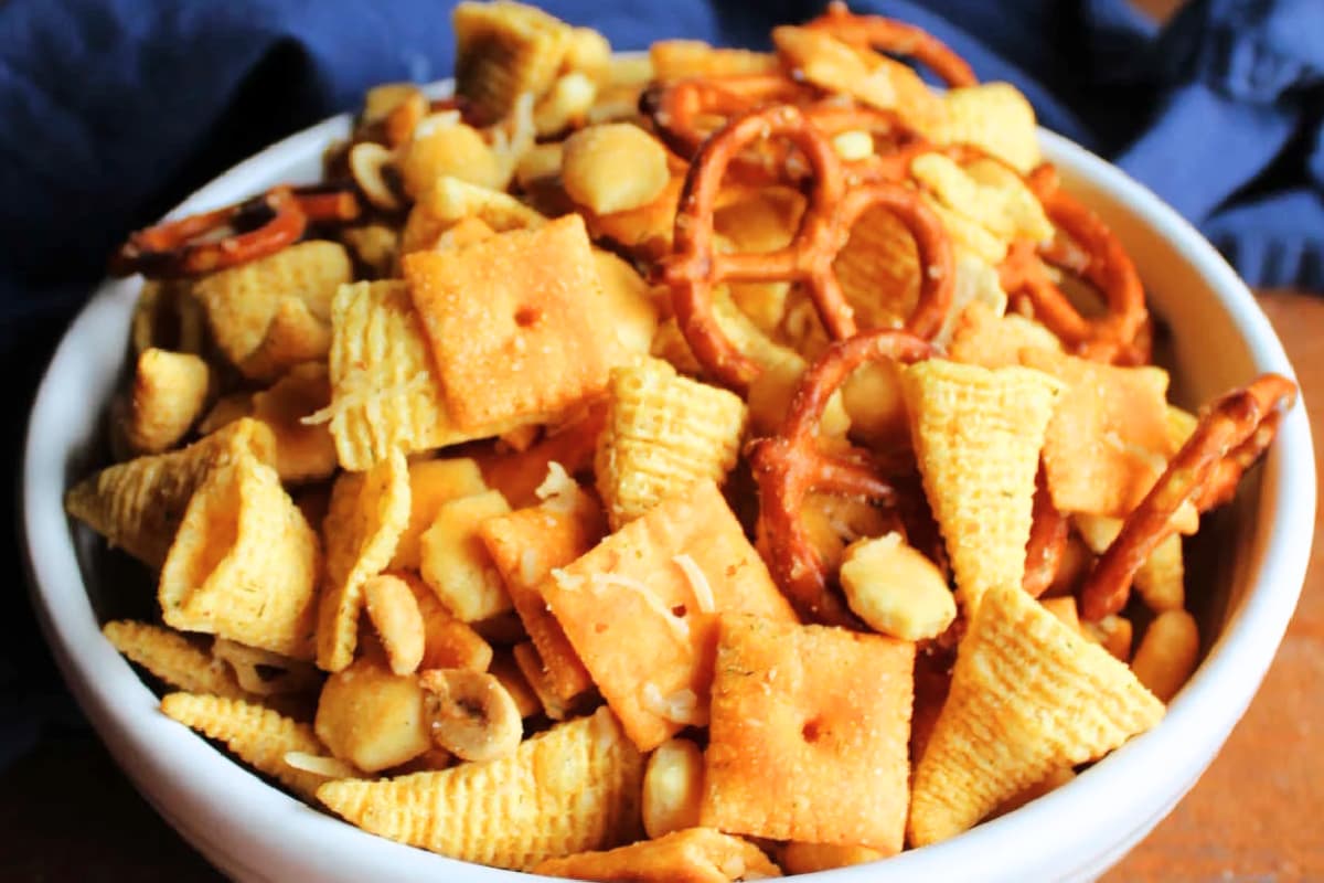 A bowl of Parmesan Ranch Snack Mix.