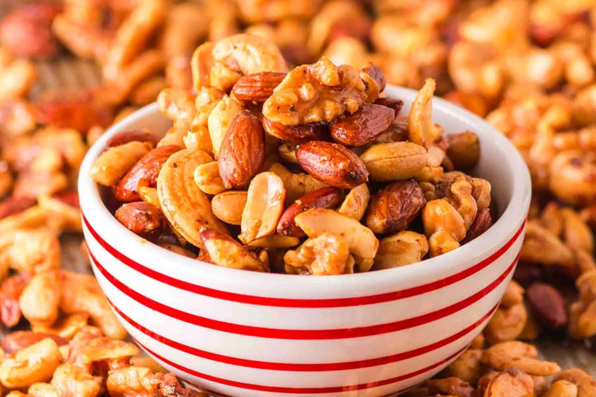 A bowl of Roasted Party Nut Mix.
