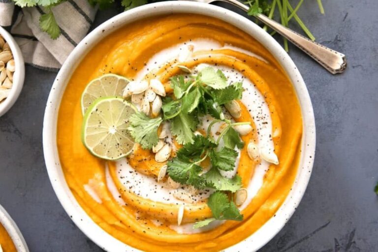A bowl of Curried Pumpkin Soup.