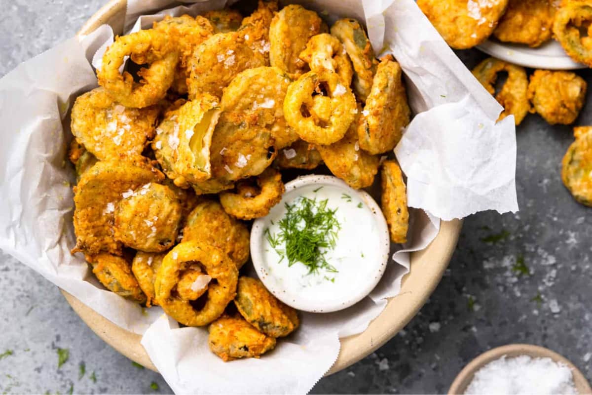 A bowl of Deep Fried Pickles.