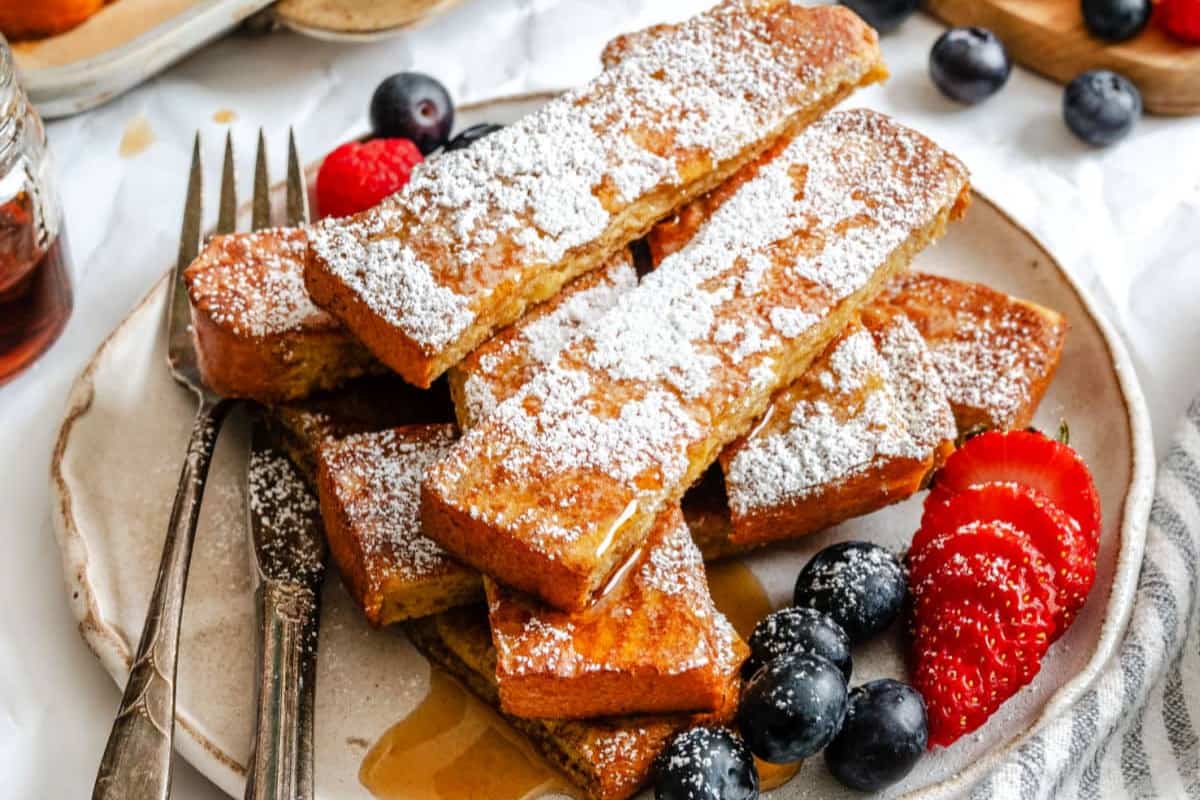 A plate of Homemade French Toast Sticks (Freezer-Friendly).