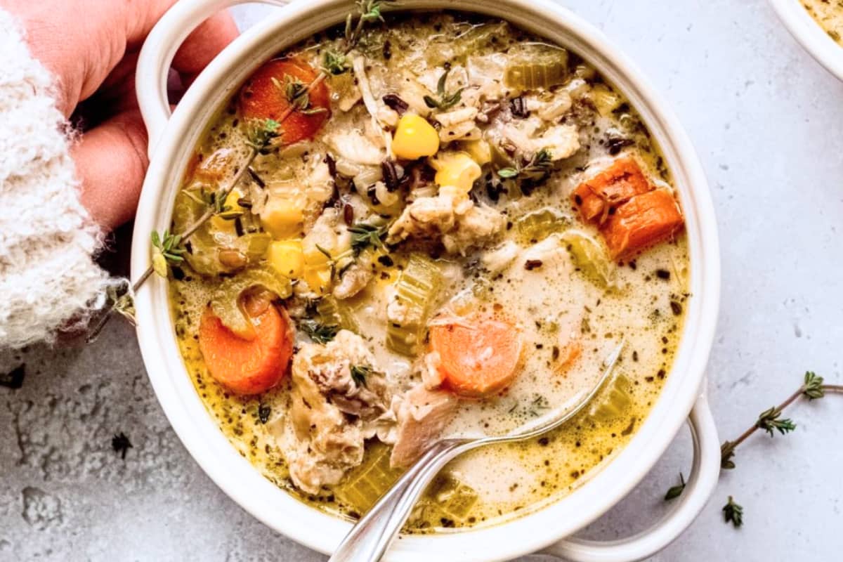 A bowl of Instant Pot Chicken and Rice Soup.