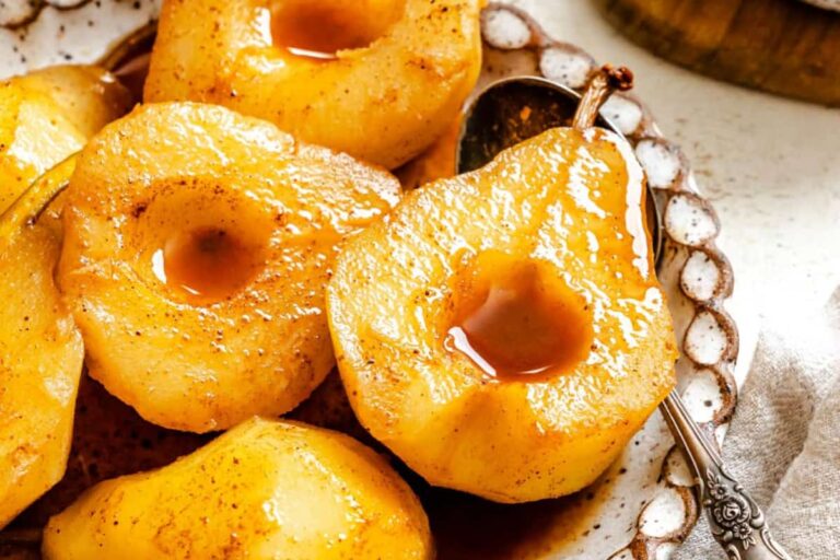 A dish of Cider Poached Pears.