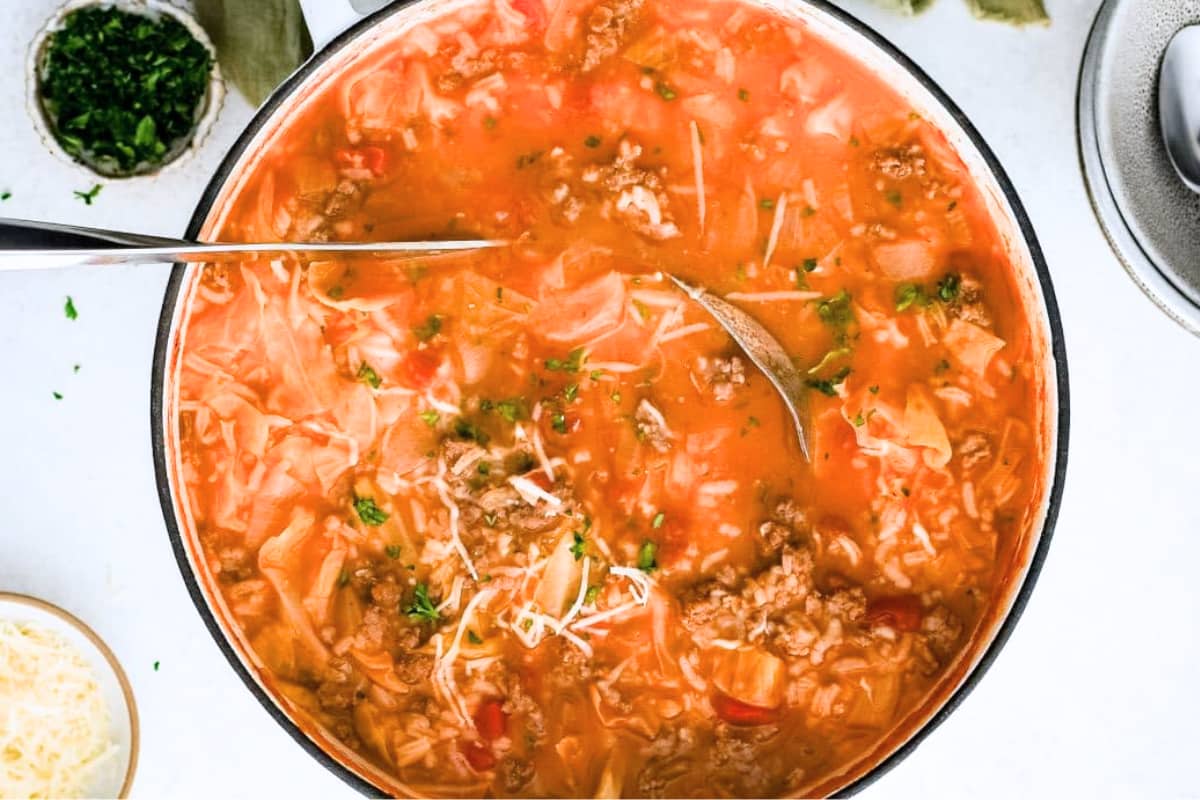 A pot of Easy Cabbage Roll Soup.