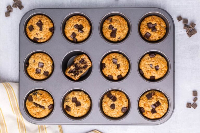 A tray of Chocolate Chunk Protein Muffins.