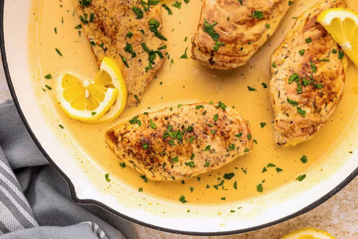 A pan of Creamy Lemon Chicken.