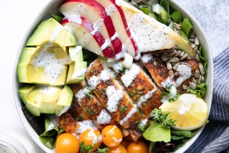 A bowl of Chicken and Pear Salad with Poppyseed Dressing.
