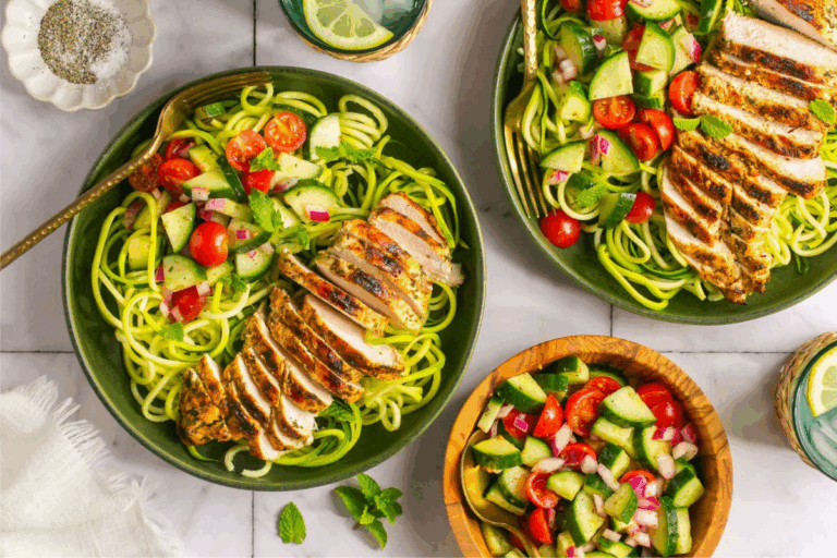 Overhead image of Greek Chicken Bowls with Zucchini Noodles.