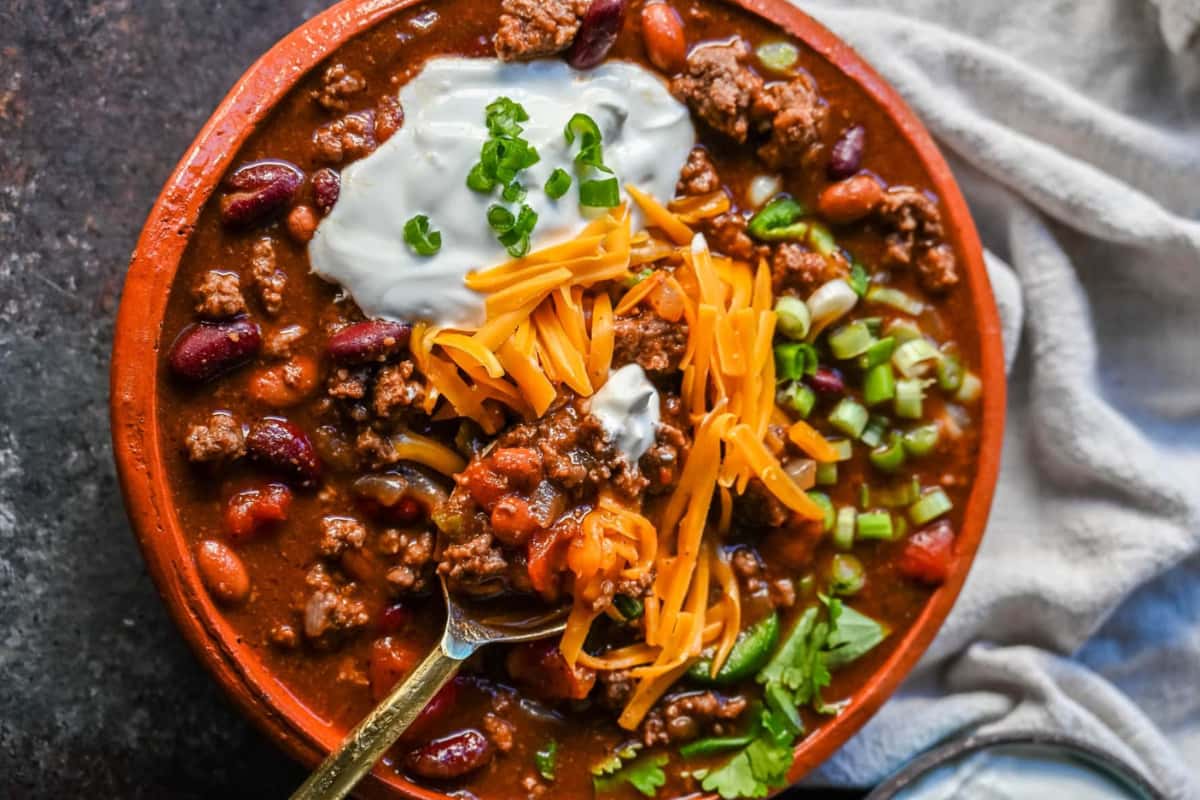 A bowl of Crockpot Beef Chili.
